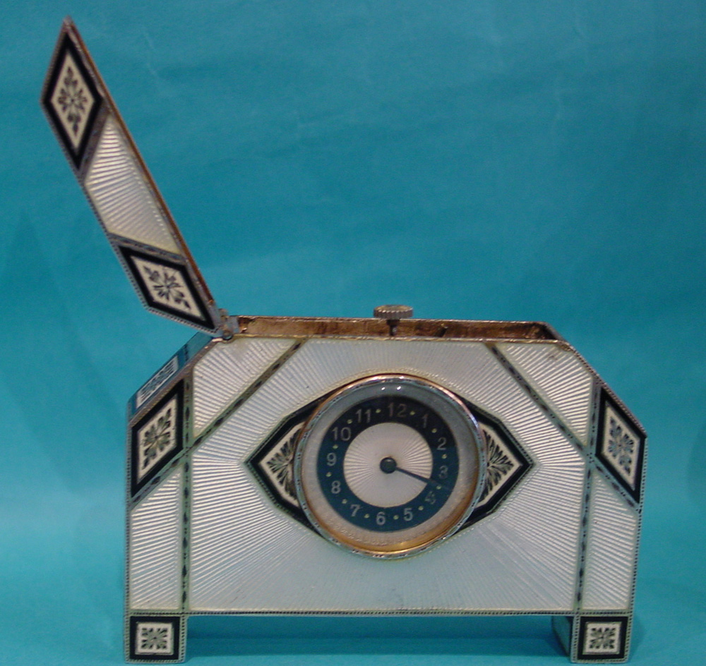Austrian Art Deco silver and guilloche enamel watch clock with lifting top