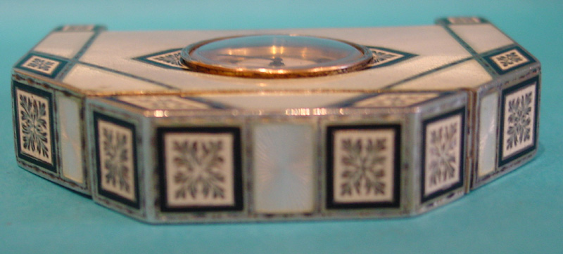 Austrian Art Deco silver and guilloche enamel watch clock with lifting top