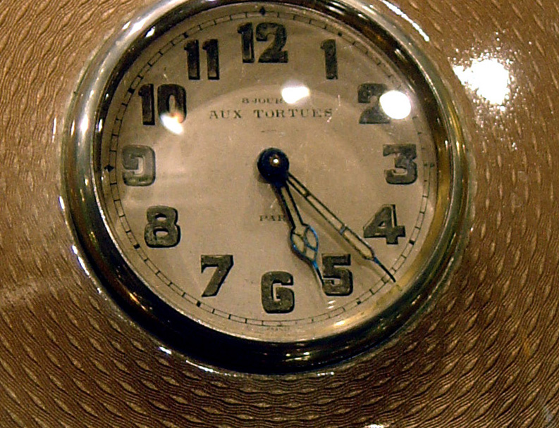 English silver and mink guilloche enamel strut or easel clock.