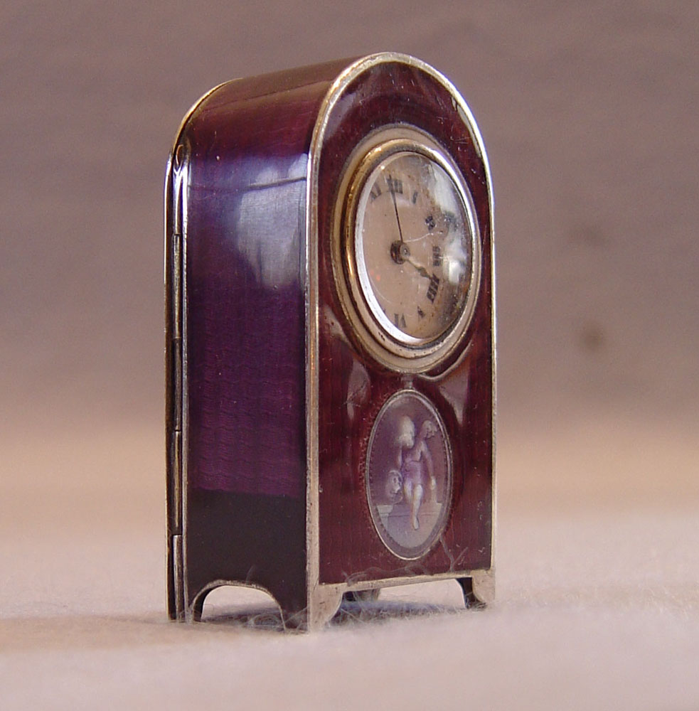 Swiss silver & aubergine guilloche sub-miniature with signed panel.