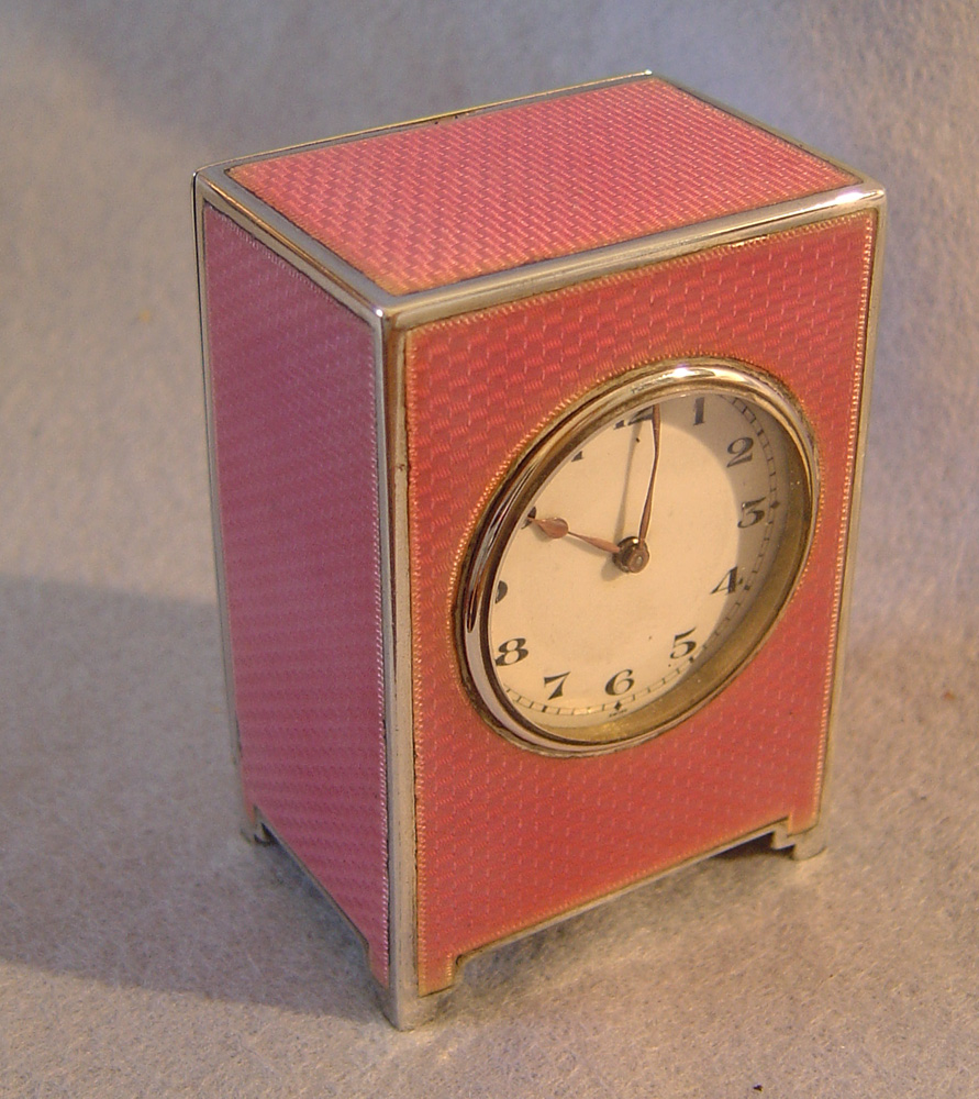 Antique Swiss silver & pink guilloche enamel boudoir clock in leather case.
