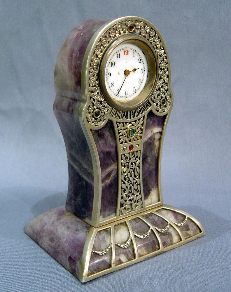 Antique French Art Nouveau silver, jewelled and amethyst,  cased miniature boudoir clock