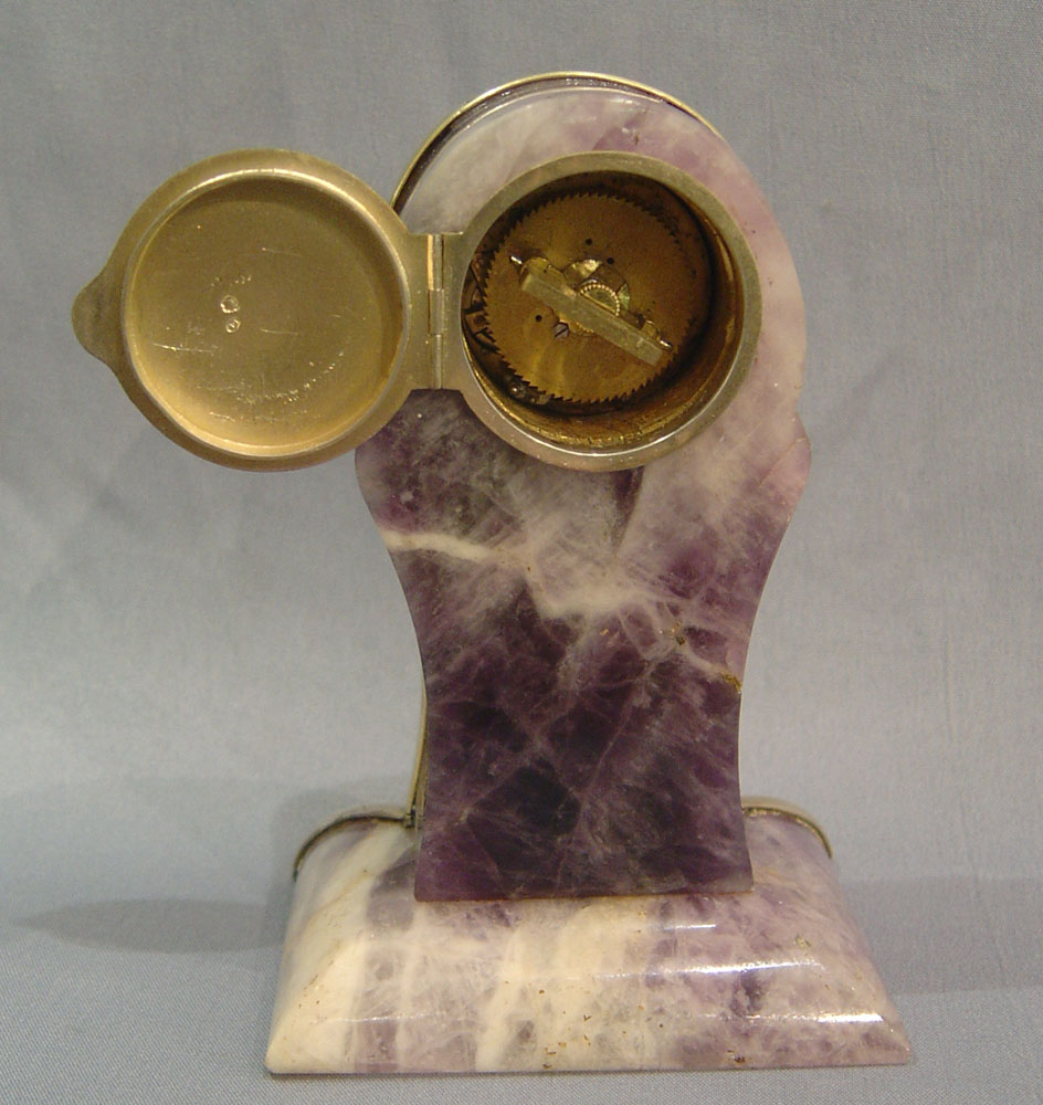 Antique French Art Nouveau silver, jewelled and amethyst,  cased miniature boudoir clock
