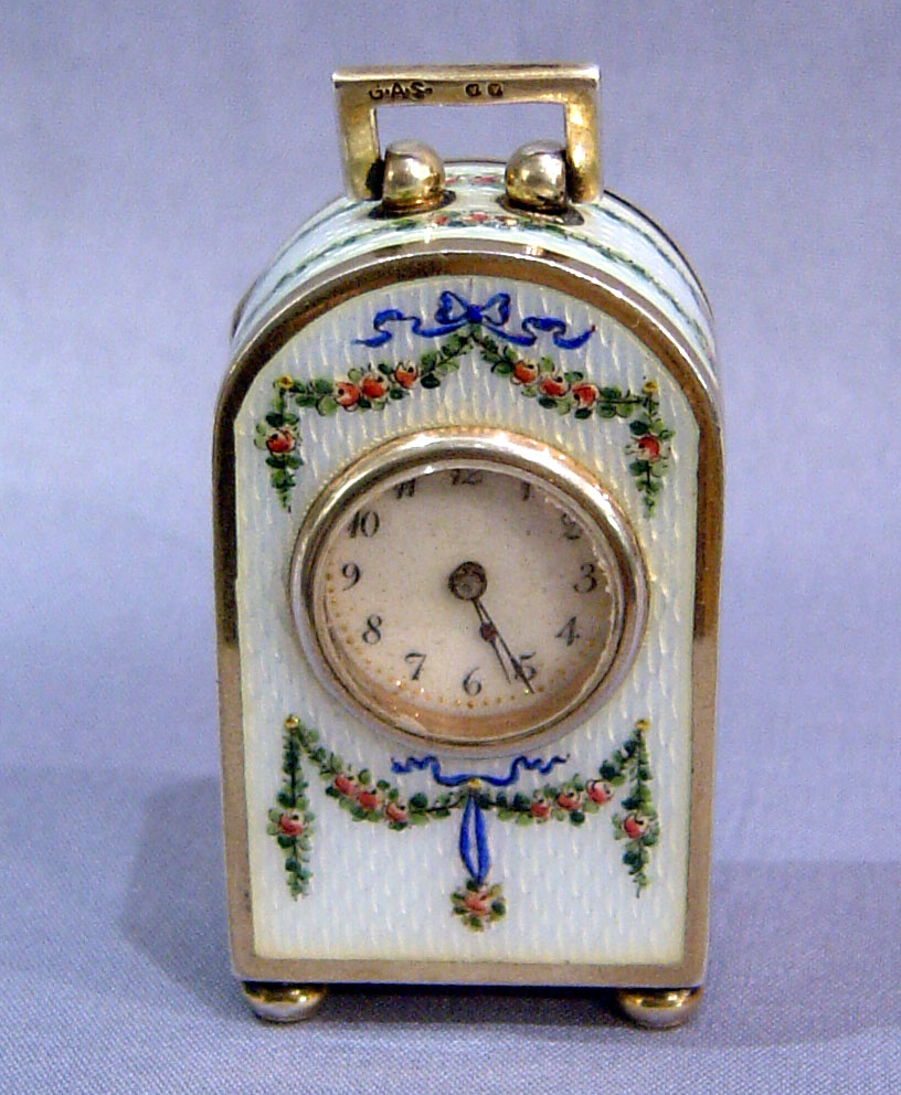 Antique Austrian silver and translucent painted and guilloche enamel sub-miniature boudoir clock.