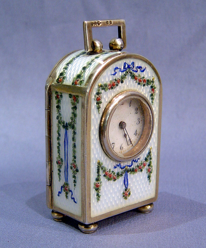 Antique Austrian silver and translucent painted and guilloche enamel sub-miniature boudoir clock.