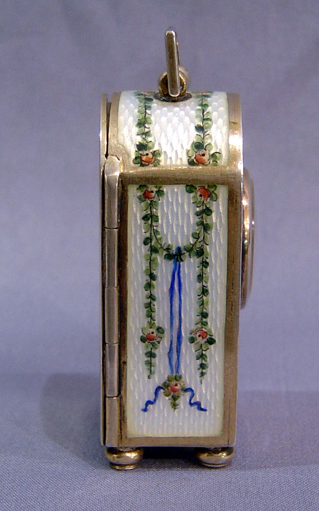 Antique Austrian silver and translucent painted and guilloche enamel sub-miniature boudoir clock.
