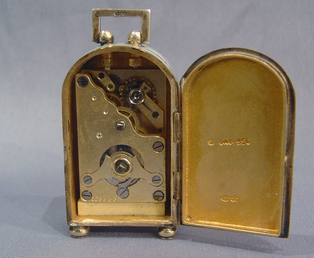 Antique Austrian silver and translucent painted and guilloche enamel sub-miniature boudoir clock.