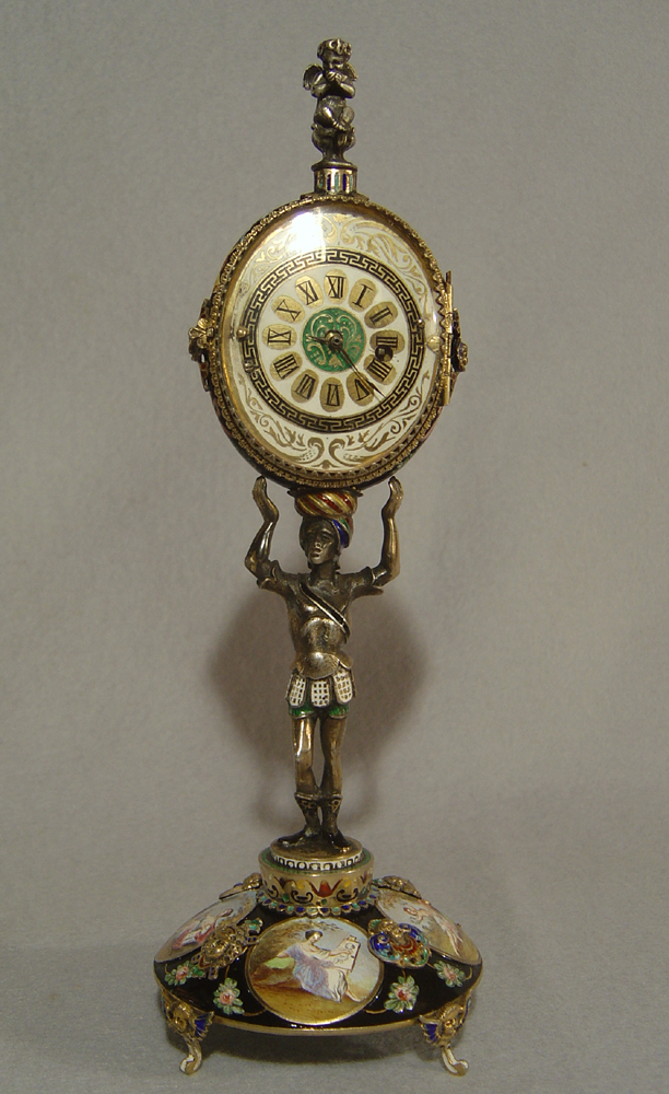 Antique Viennese enamel and silver gilt blackamoor clock.