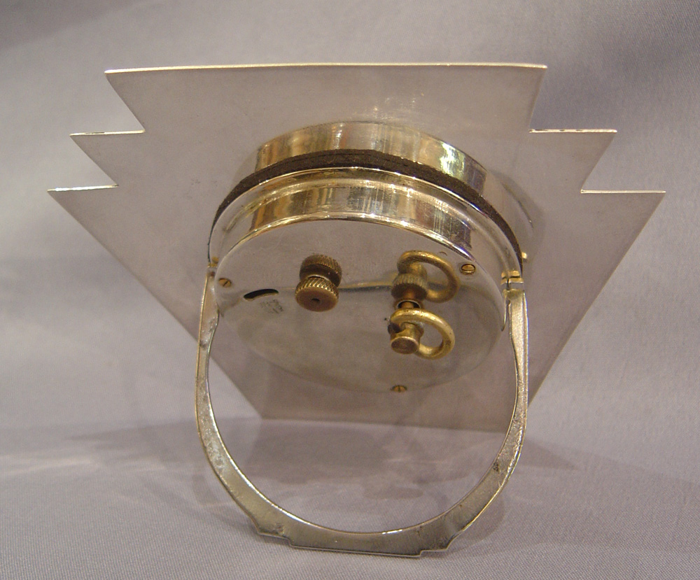English Art Deco guilloche enamel strut clock.