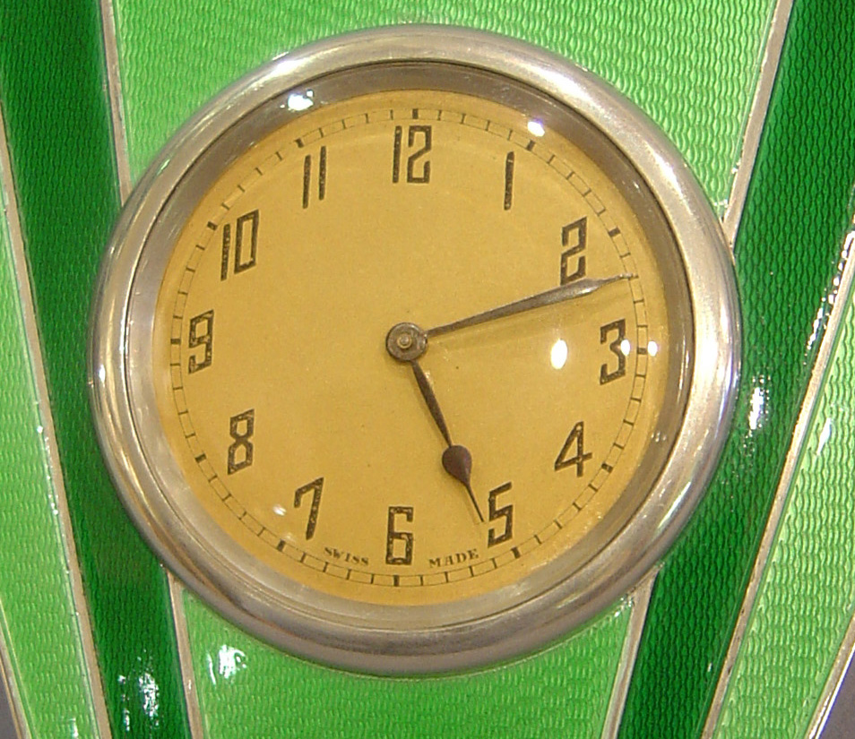 English Art Deco guilloche enamel strut clock.