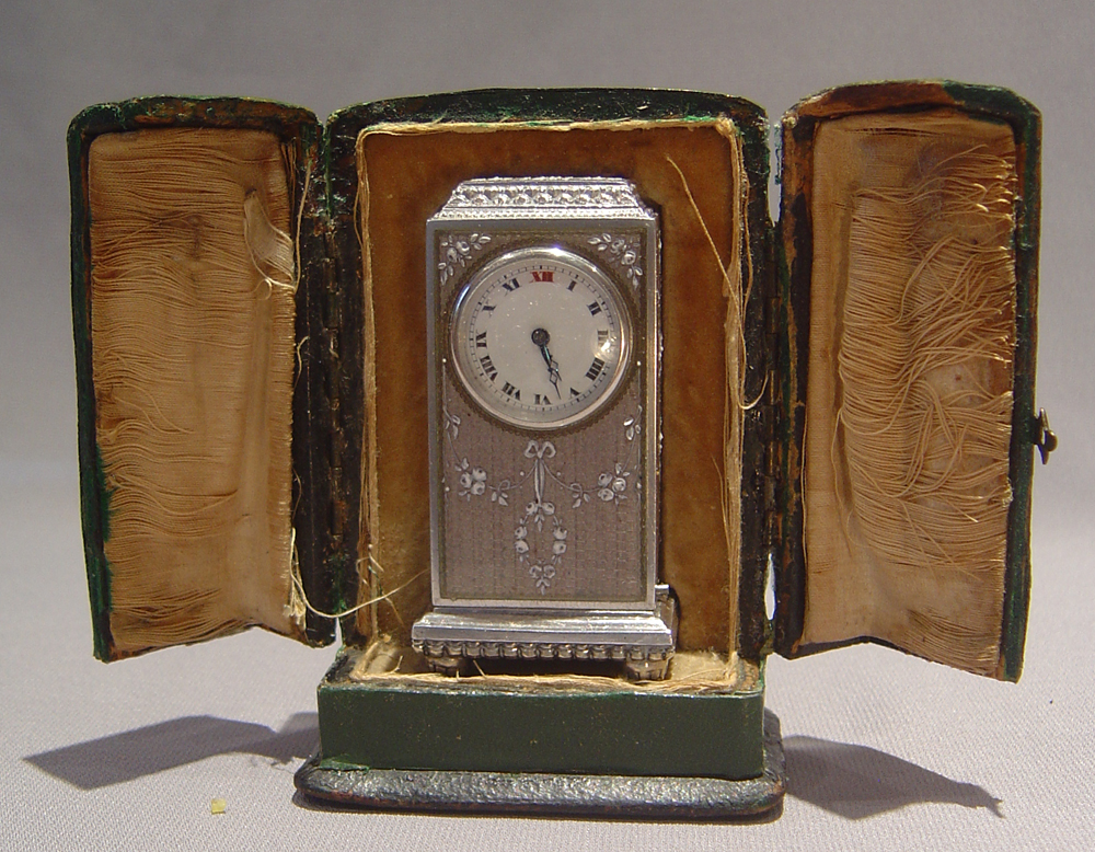 Swiss antique silver and guilloche enamel cased boudoir su miniature carriage clock.