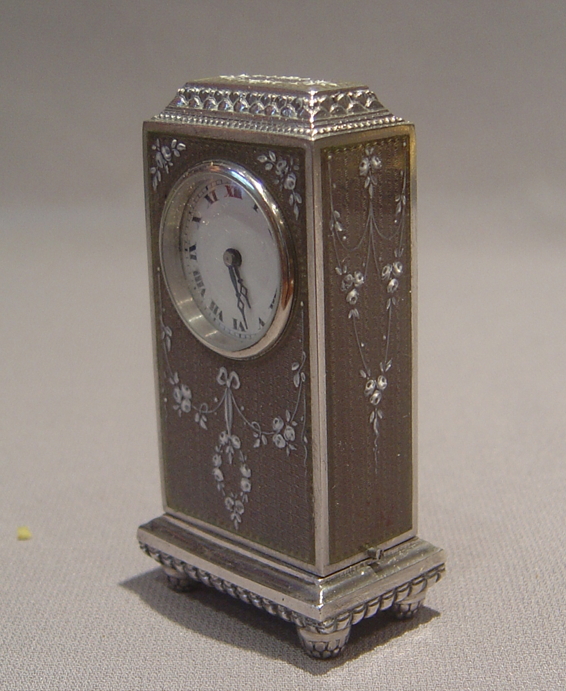 Swiss antique silver and guilloche enamel cased boudoir su miniature carriage clock.