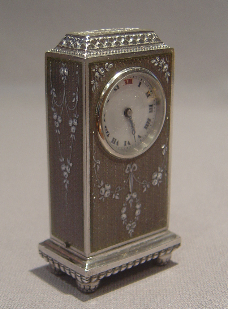 Swiss antique silver and guilloche enamel cased boudoir su miniature carriage clock.