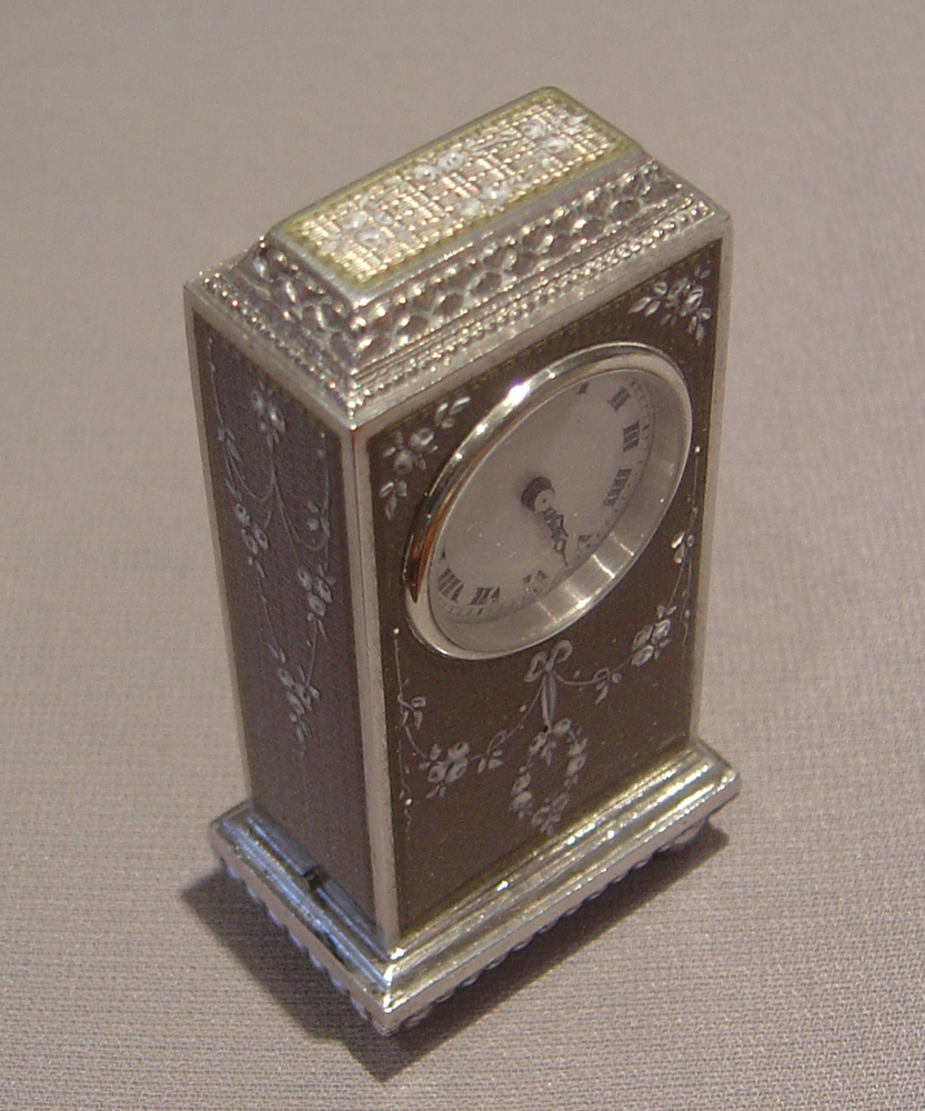 Swiss antique silver and guilloche enamel cased boudoir su miniature carriage clock.