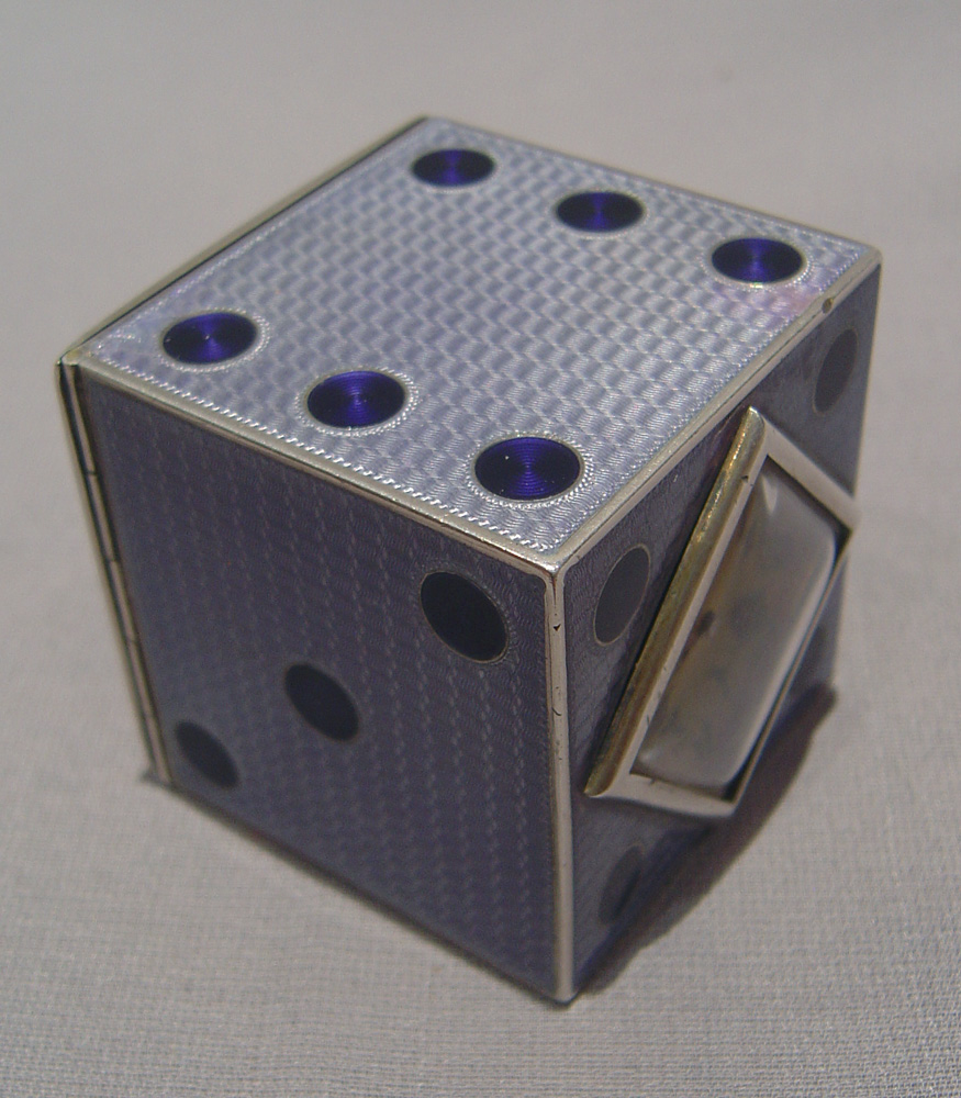 Austrian purple guilloche enamel and silver dice clock.