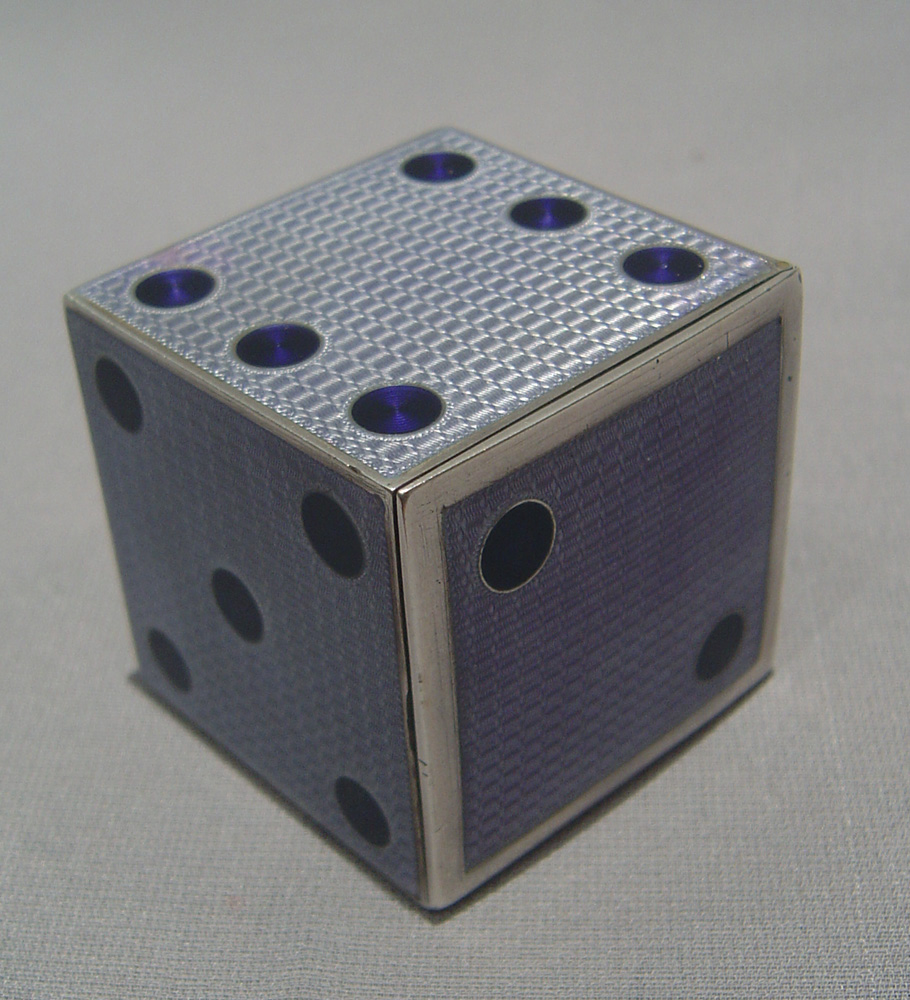 Austrian purple guilloche enamel and silver dice clock.