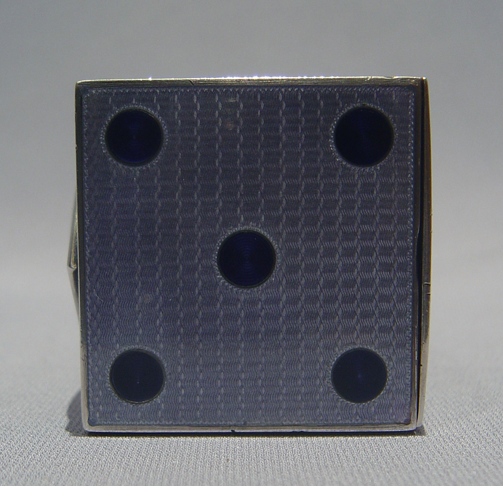 Austrian purple guilloche enamel and silver dice clock.