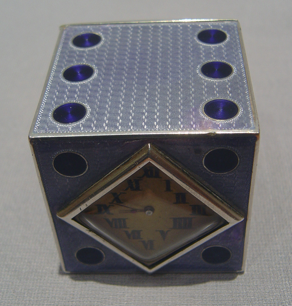 Austrian purple guilloche enamel and silver dice clock.