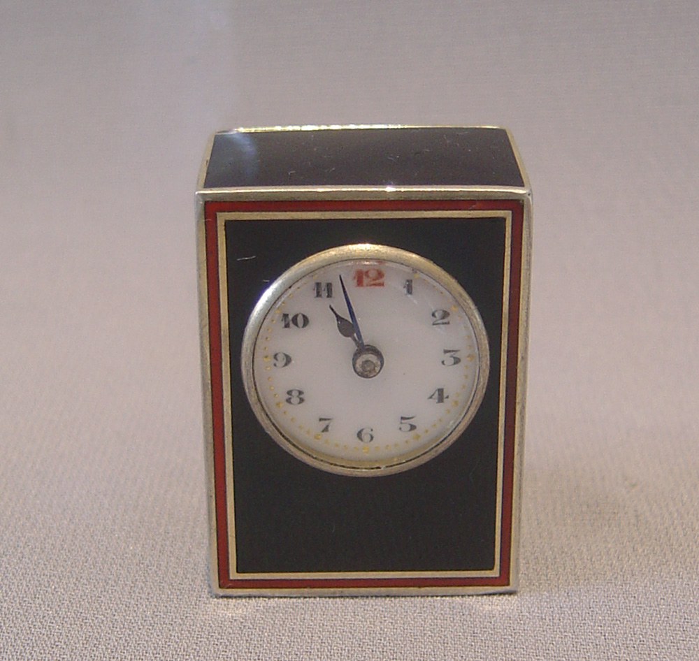 Antique tiny sub-miniature silver gilt and  black and red enamel carriage clock, Swiss.