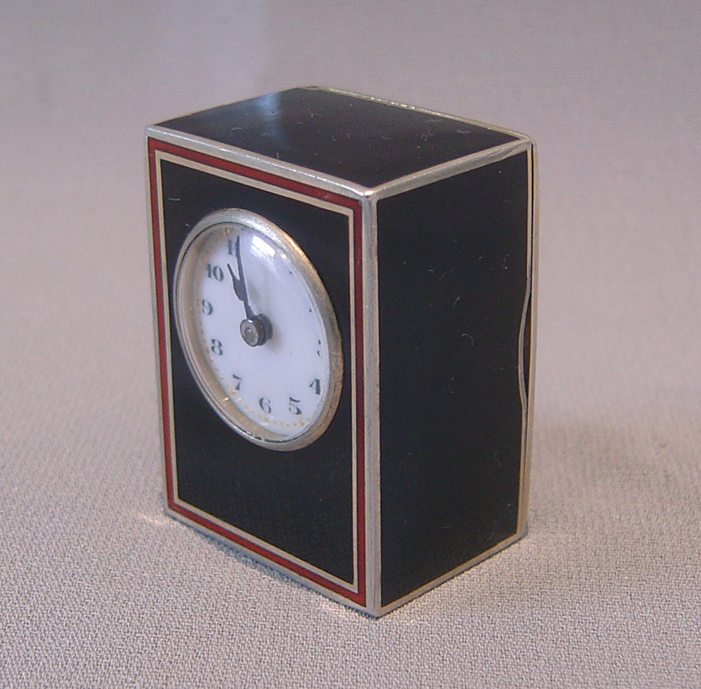 Antique tiny sub-miniature silver gilt and  black and red enamel carriage clock, Swiss.