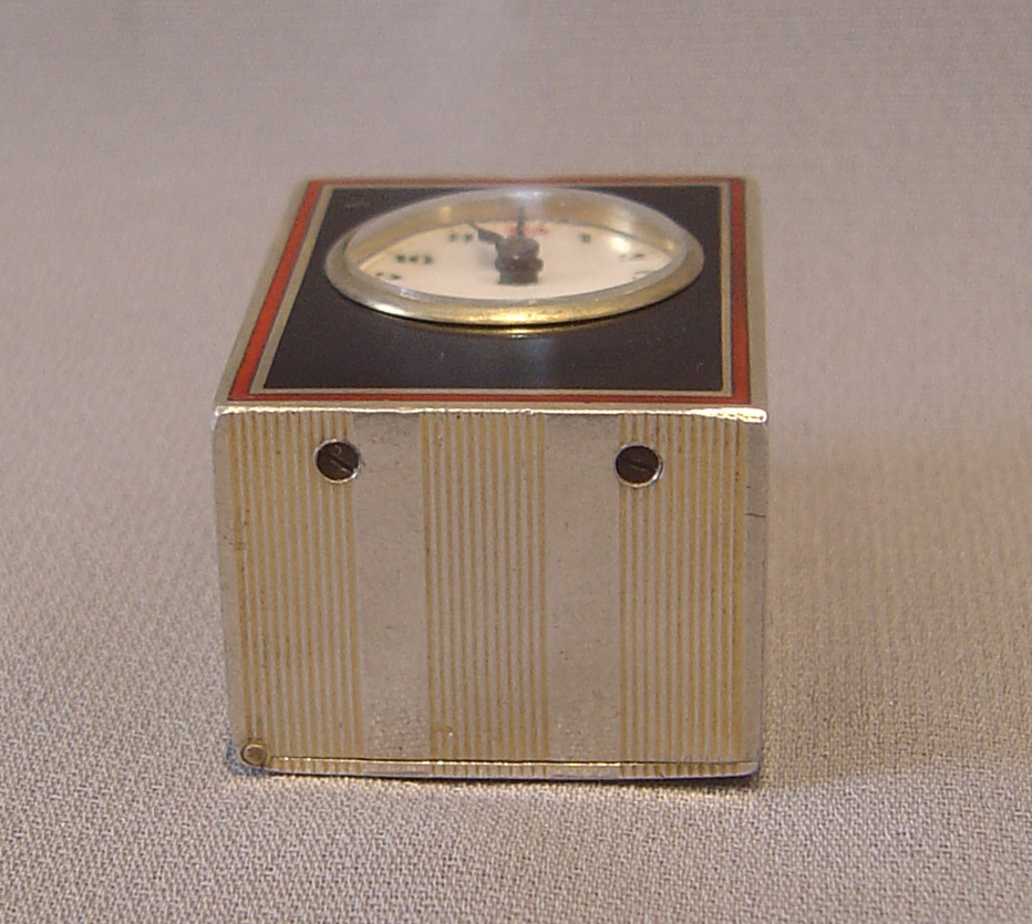 Antique tiny sub-miniature silver gilt and  black and red enamel carriage clock, Swiss.