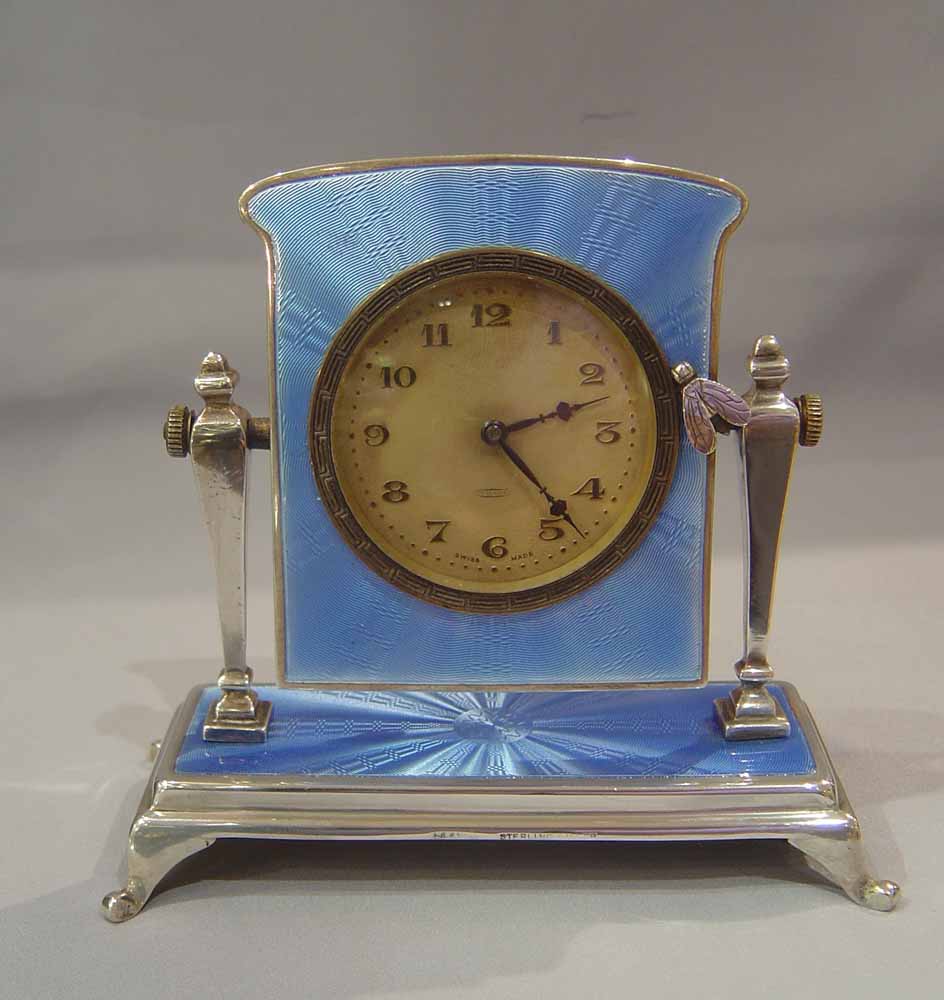 Guilloche enamel and silver boudoire clock in Cheval mirror shape.