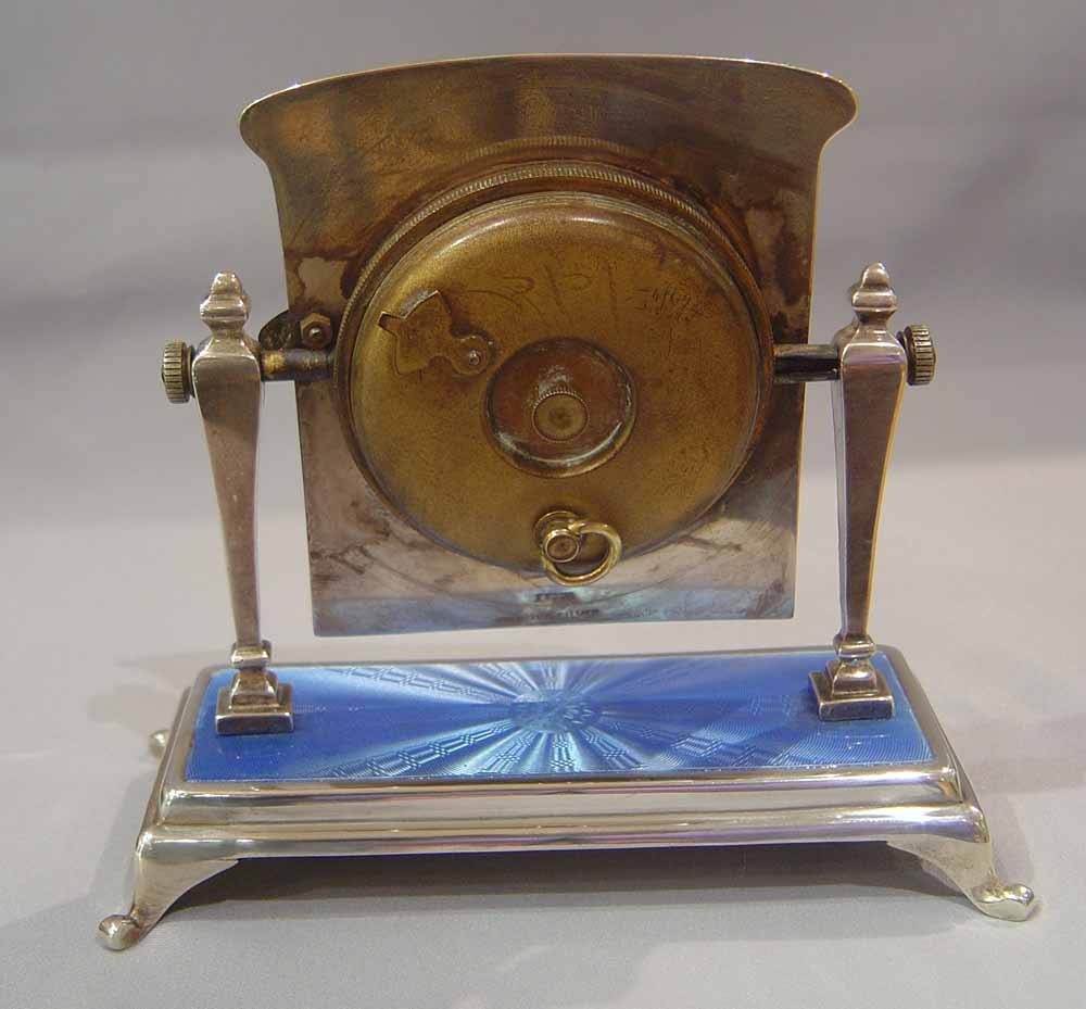 Guilloche enamel and silver boudoire clock in Cheval mirror shape.