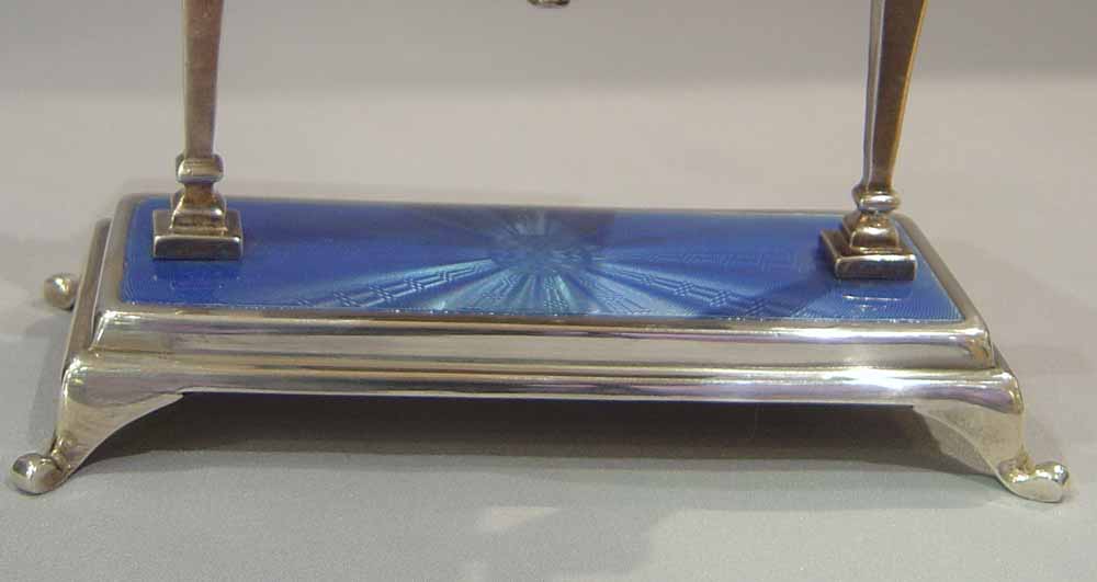 Guilloche enamel and silver boudoire clock in Cheval mirror shape.