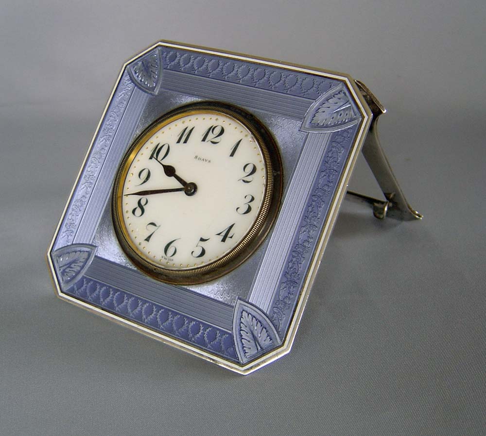 Antique strut clock in Steel Blue Guilloche enamel and silver.