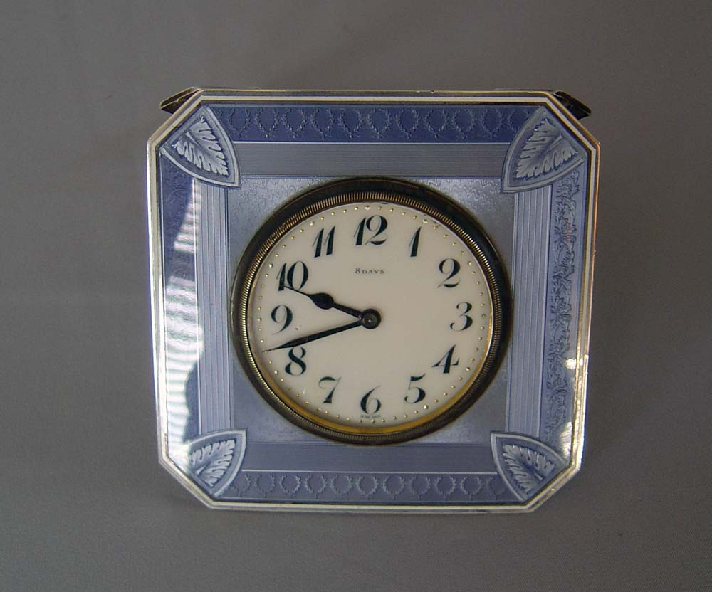 Antique strut clock in Steel Blue Guilloche enamel and silver.