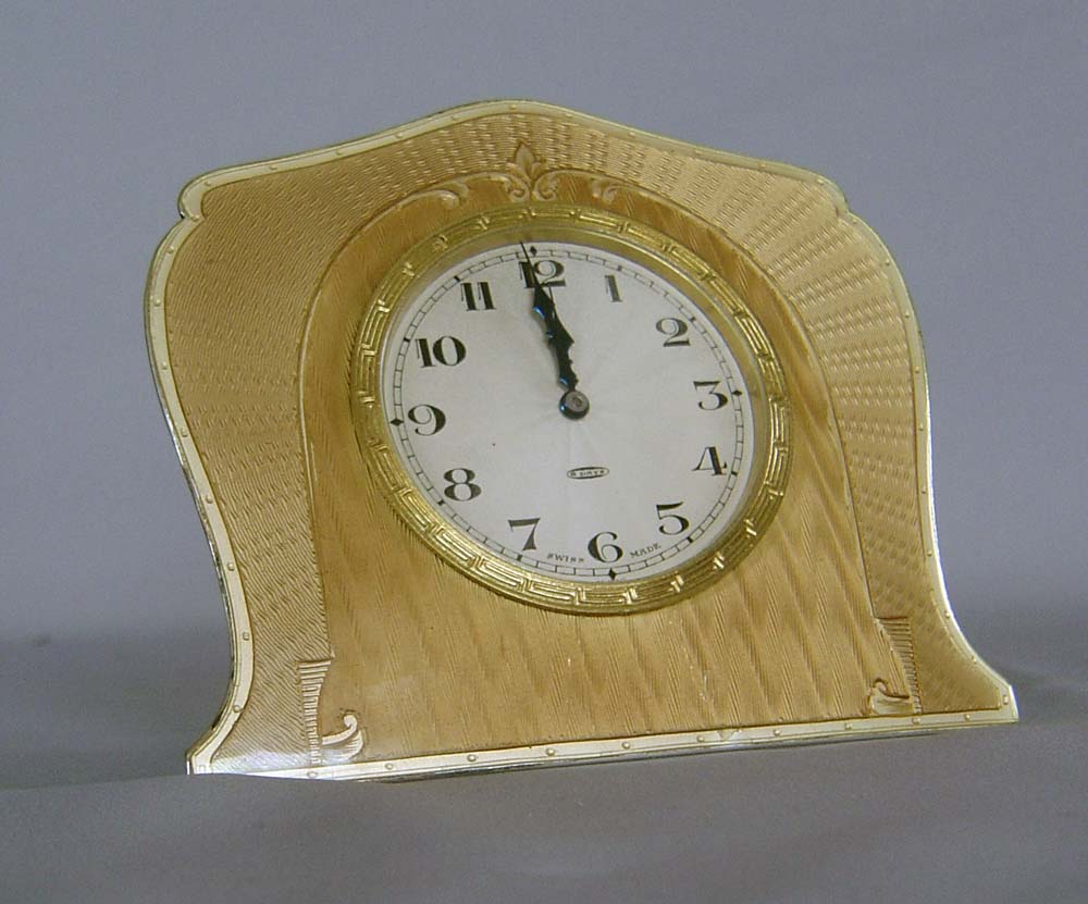 Antique enamel and silver clock of strut form, Swiss.