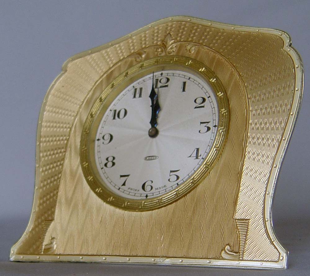 Antique enamel and silver clock of strut form, Swiss.
