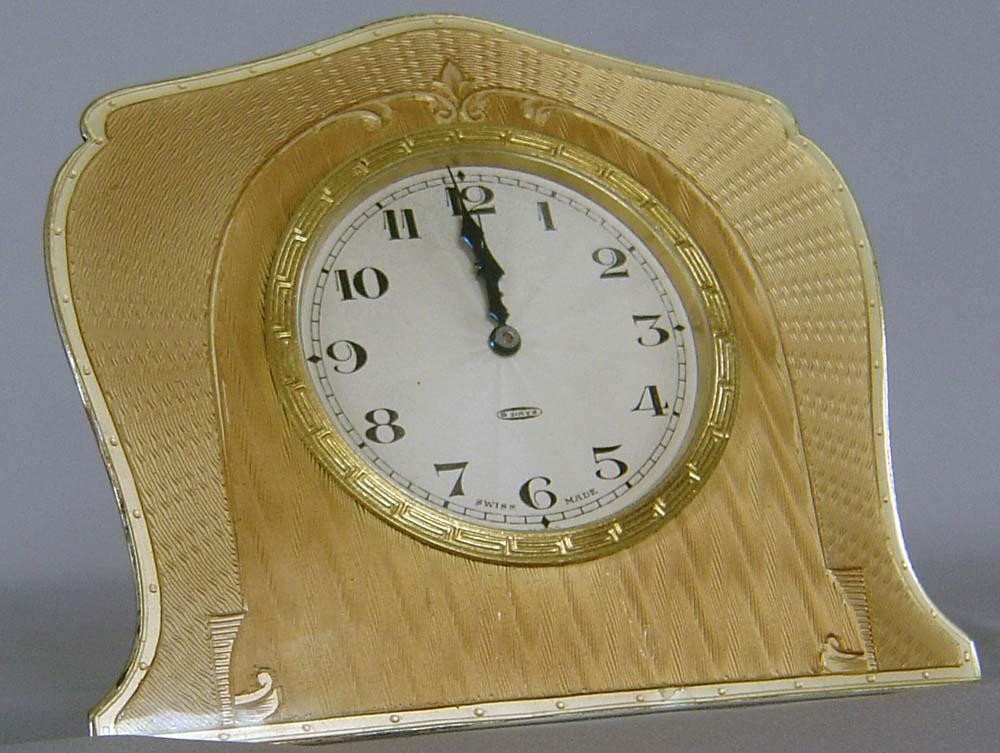 Antique enamel and silver clock of strut form, Swiss.