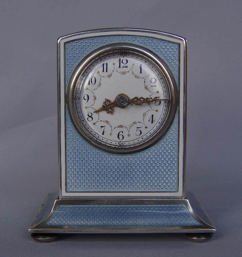 Magnificent silver and grey guilloche enamel large size striking carriage clock.
