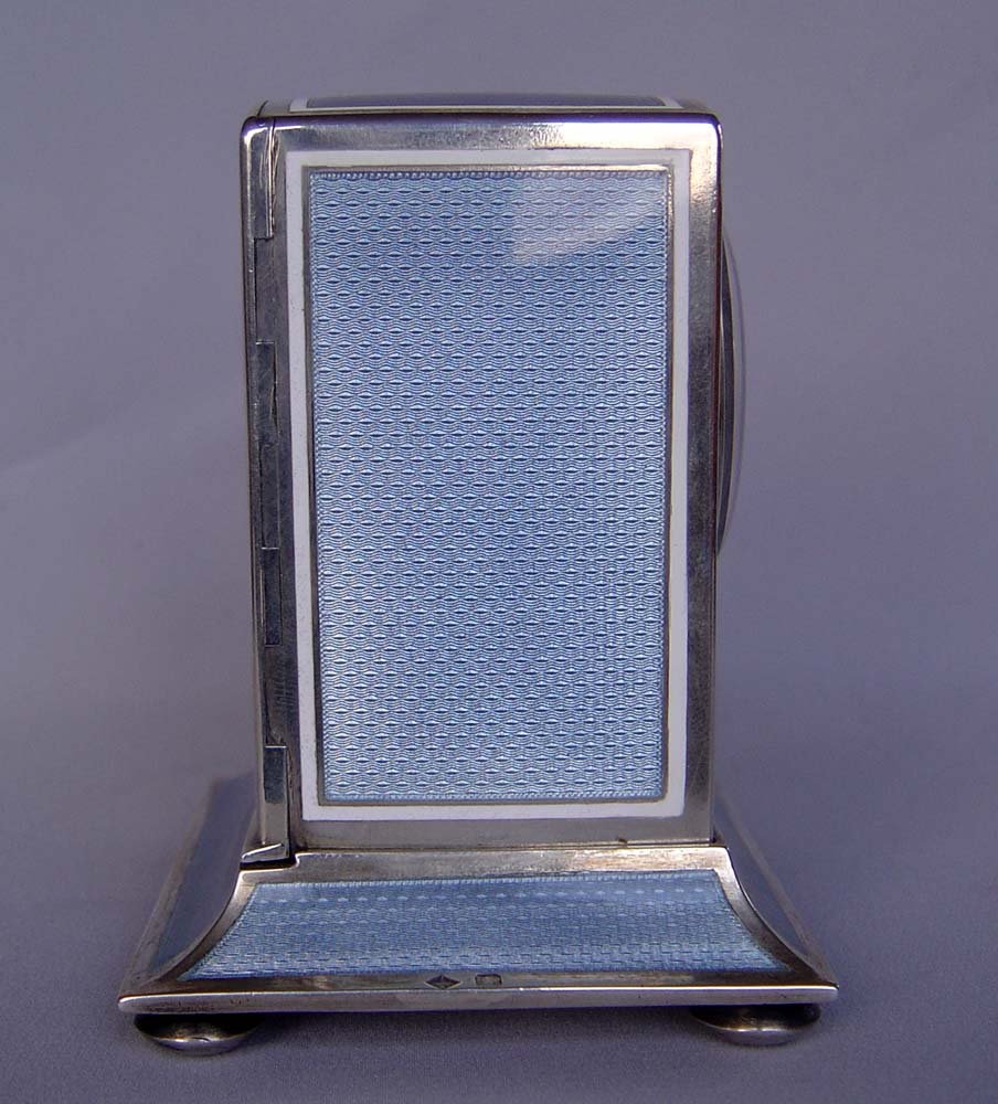 Magnificent silver and grey guilloche enamel large size striking carriage clock.