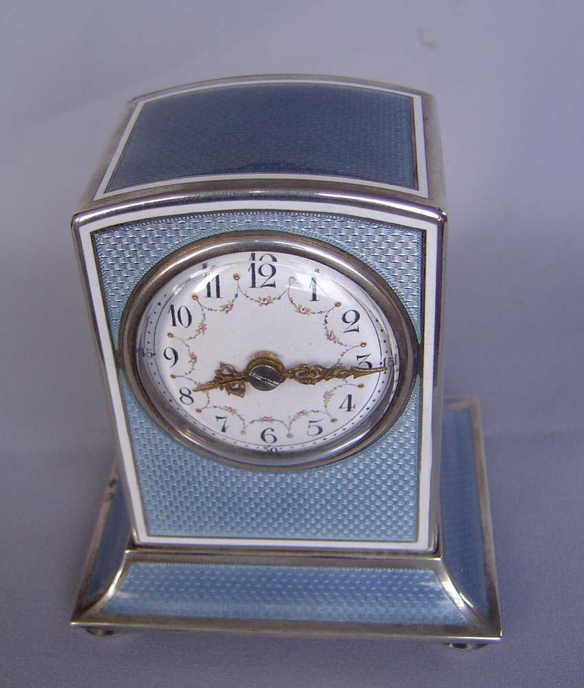 Magnificent silver and grey guilloche enamel large size striking carriage clock.