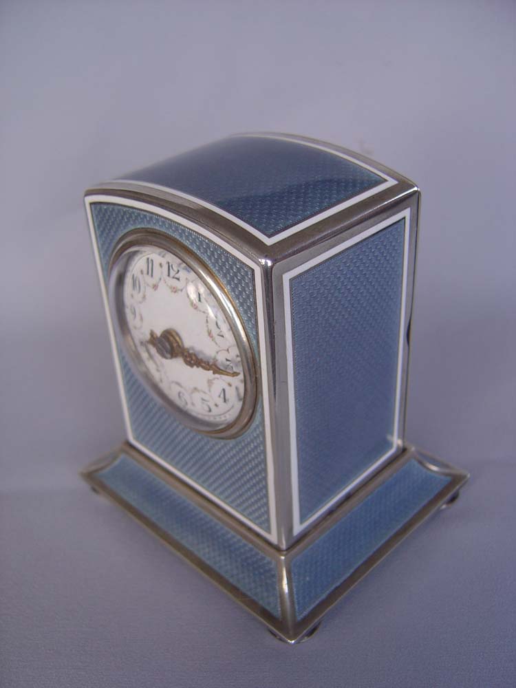Magnificent silver and grey guilloche enamel large size striking carriage clock.