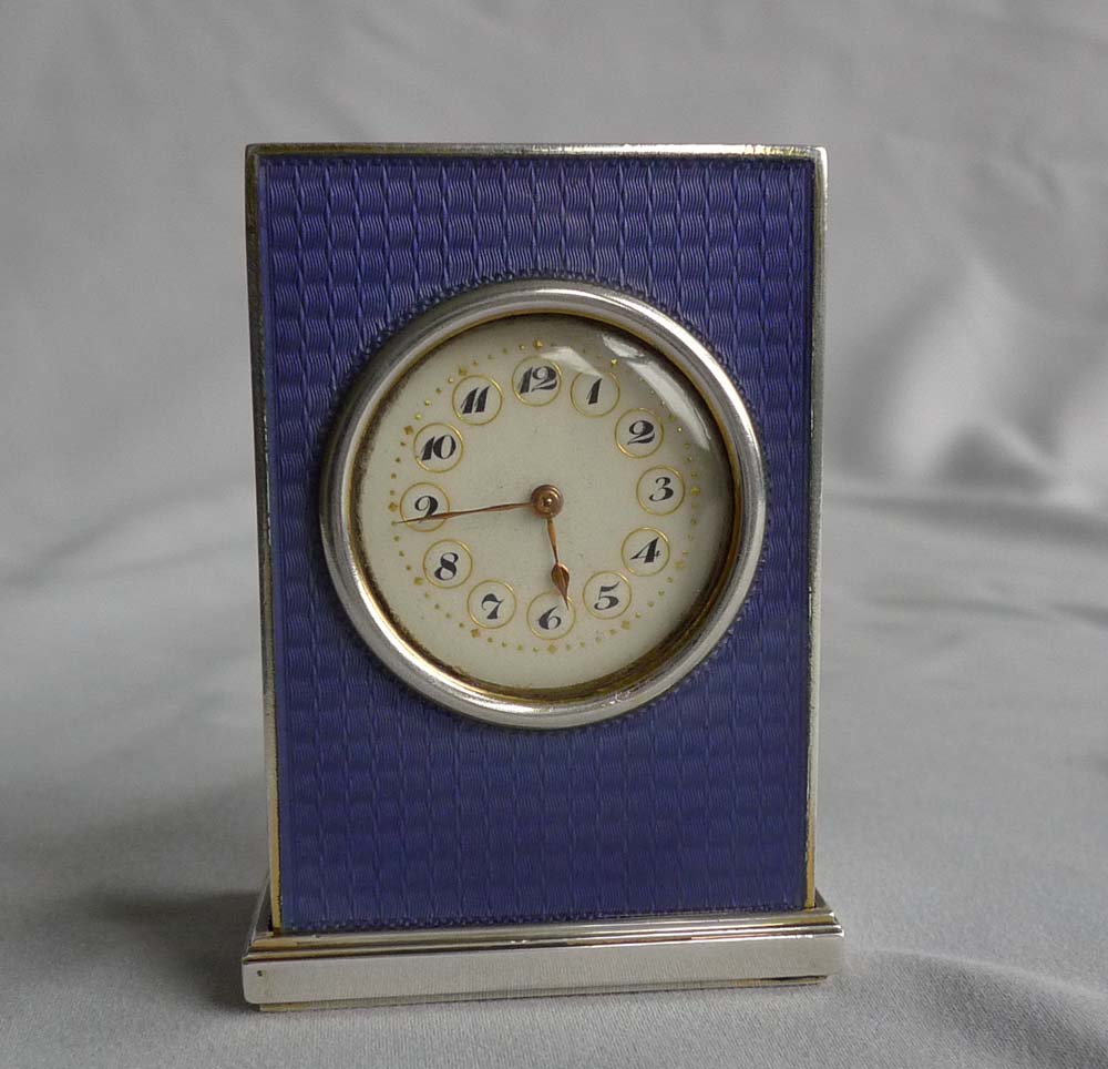 Antique Austrian silver gilt and deep lilac guilloche enamel sub-miniature carriage clock