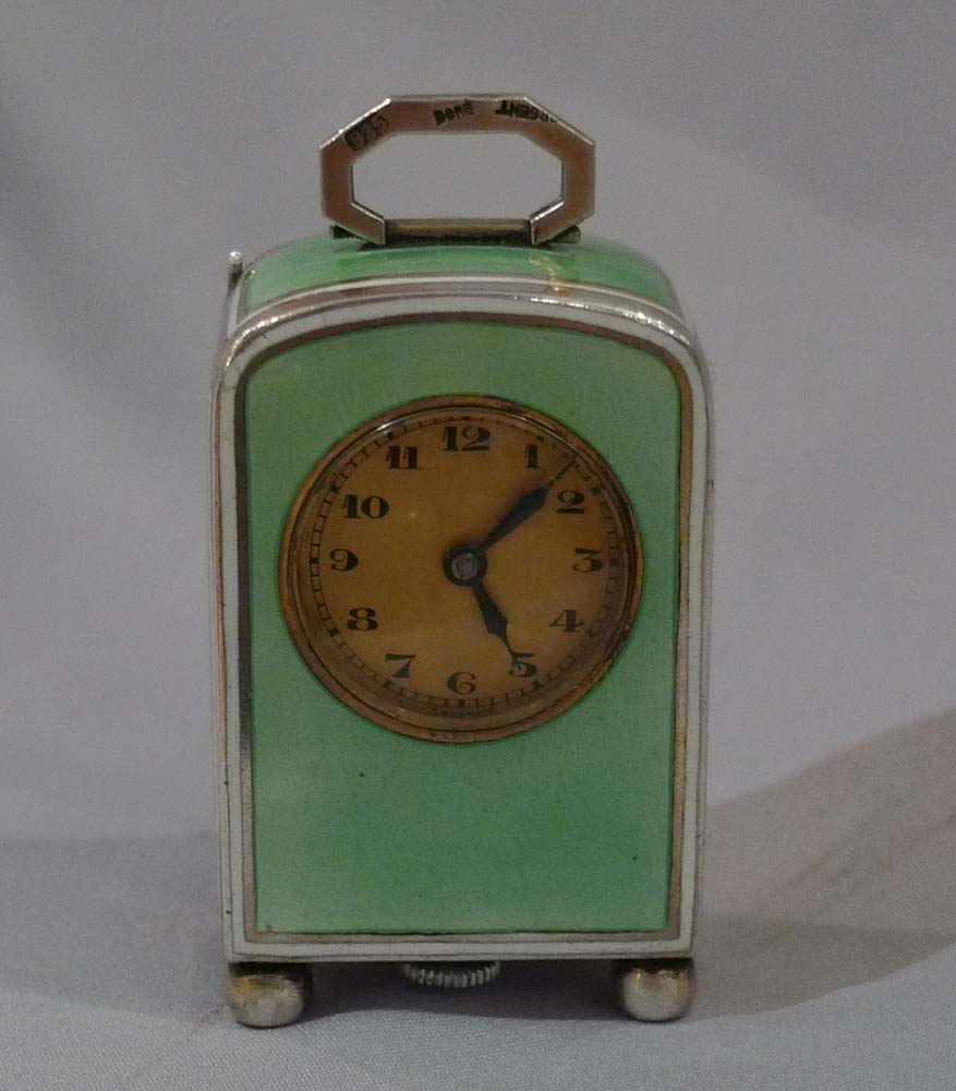 Guilloche enamel and silver sub-miniature carriage clock.