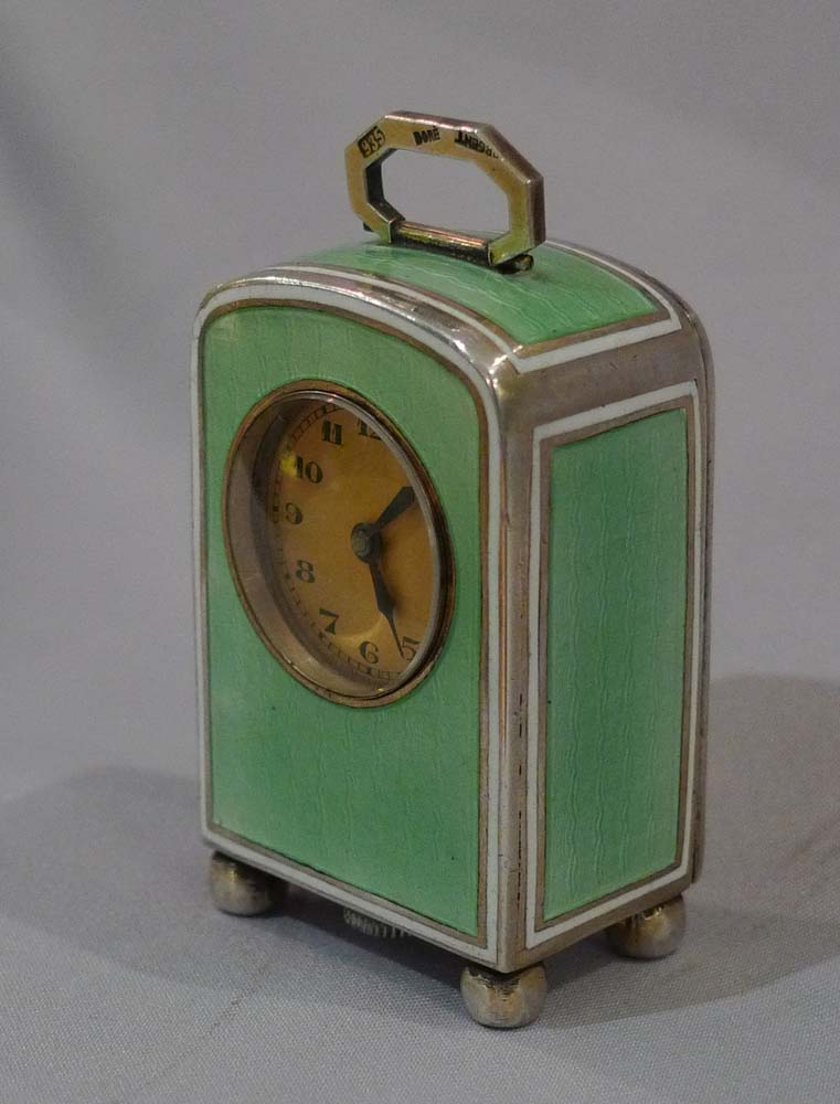 Guilloche enamel and silver sub-miniature carriage clock.