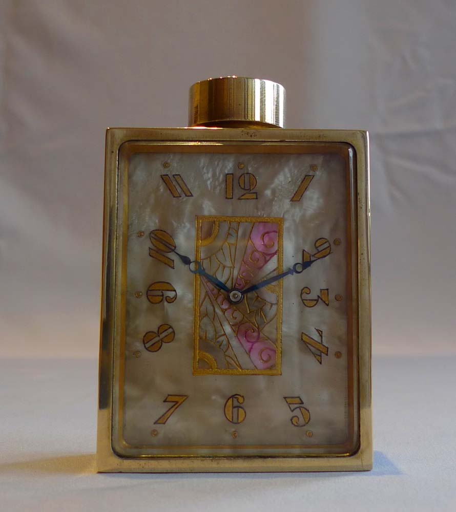 Art Deco ormolu and onyx  boudoire clock in the shape of a perfume bottle