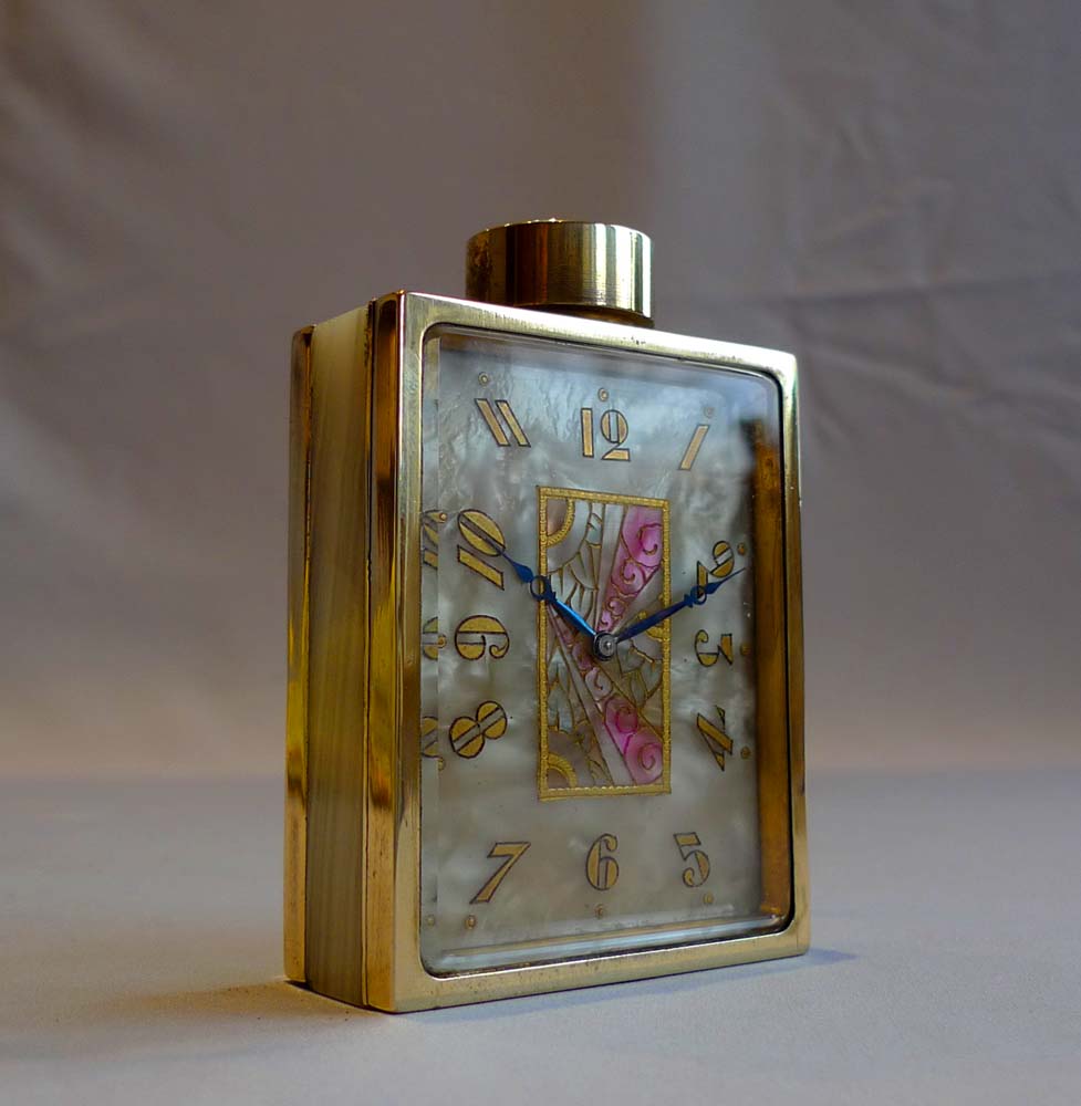 Art Deco ormolu and onyx  boudoire clock in the shape of a perfume bottle