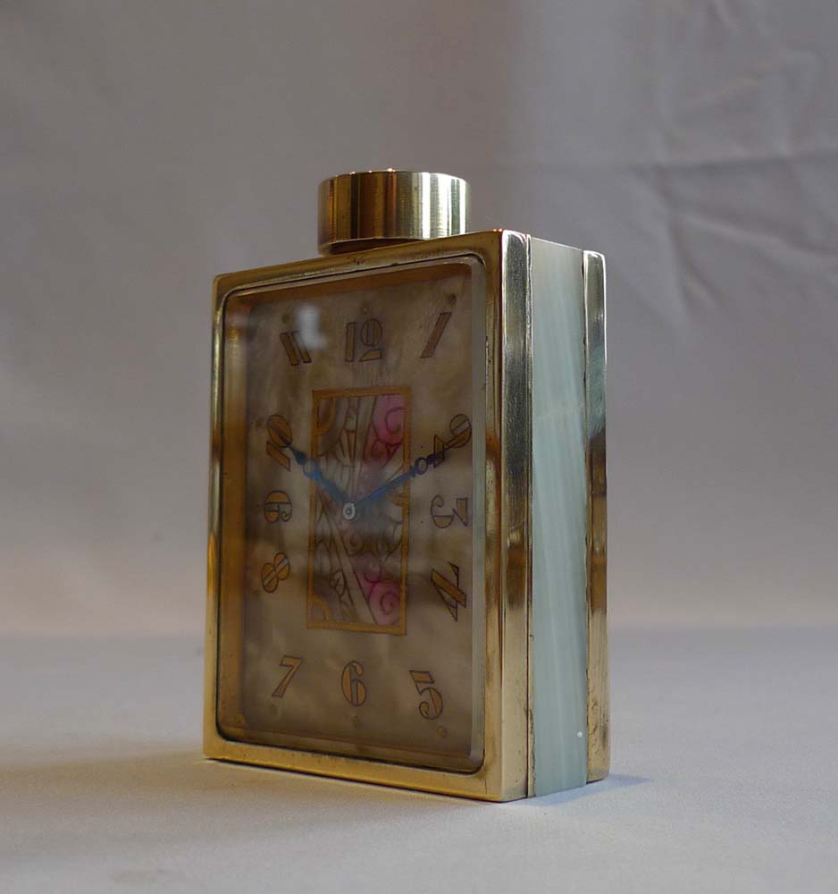 Art Deco ormolu and onyx  boudoire clock in the shape of a perfume bottle