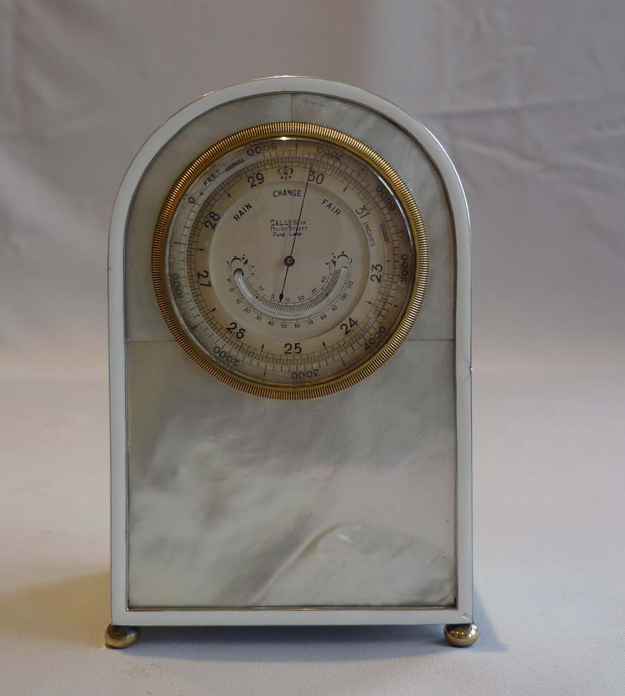 Antique barometer and thermometer in silver gilt, mother of pearl and enamel by Callow of Mount St.