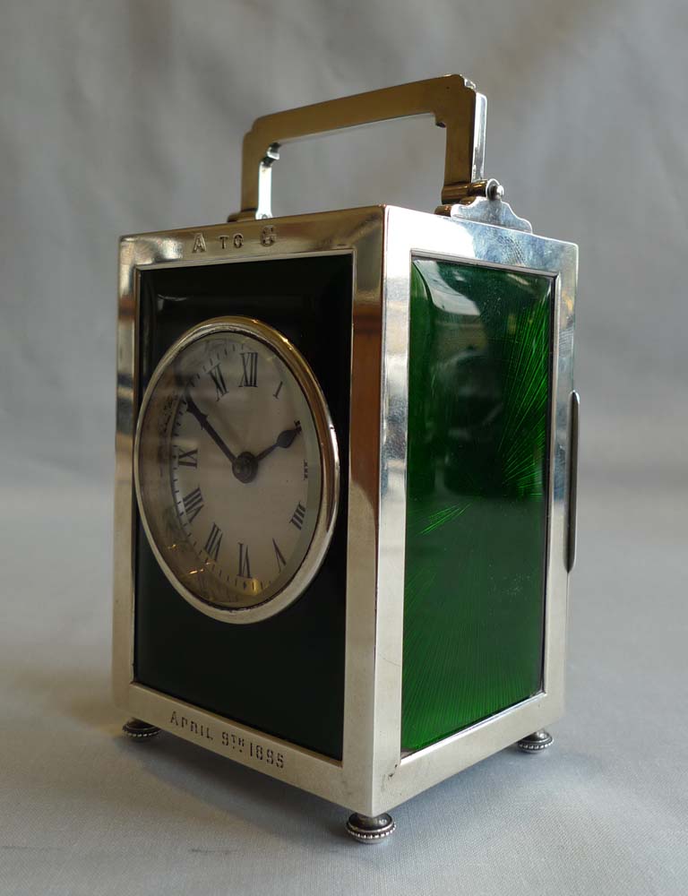 Silver and green guilloche enamel English carriage clock by Goldsmiths & Silversmiths Comp.