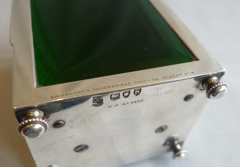 Silver and green guilloche enamel English carriage clock by Goldsmiths & Silversmiths Comp.