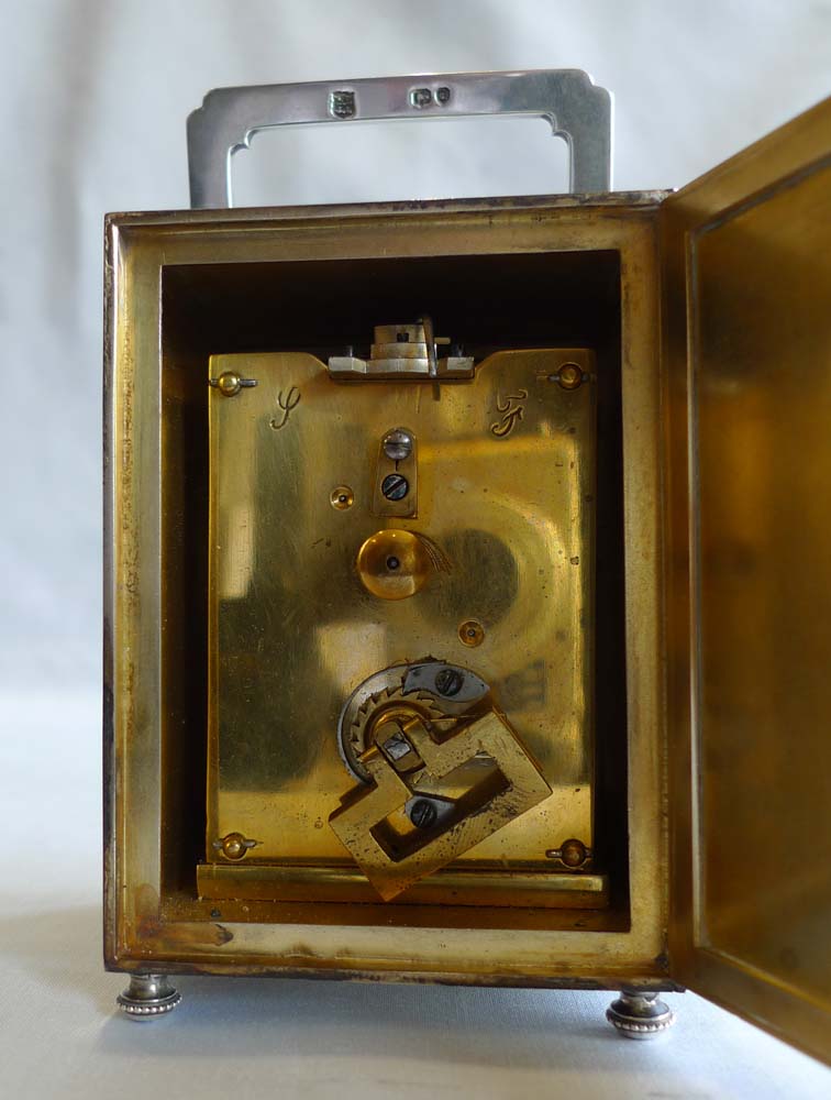 Silver and green guilloche enamel English carriage clock by Goldsmiths & Silversmiths Comp.