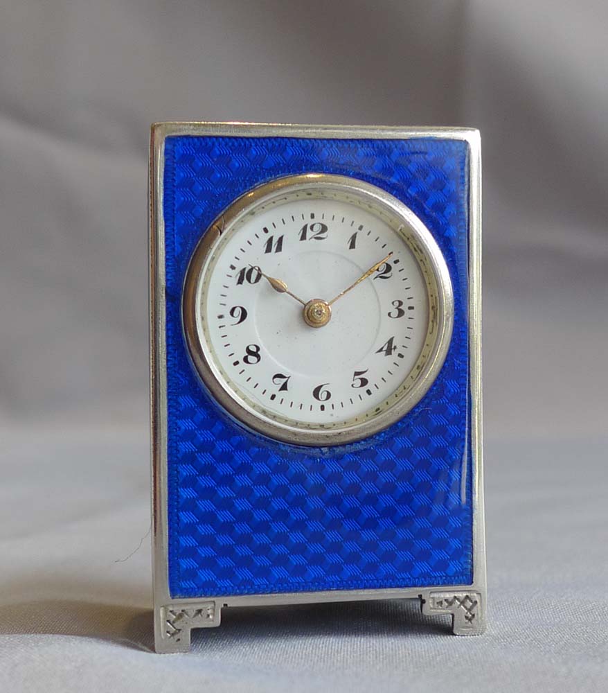 Asprey silver and blue guilloche enamel sub-miniature mantel clock, cased.