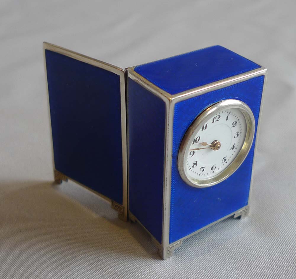 Asprey silver and blue guilloche enamel sub-miniature mantel clock, cased.