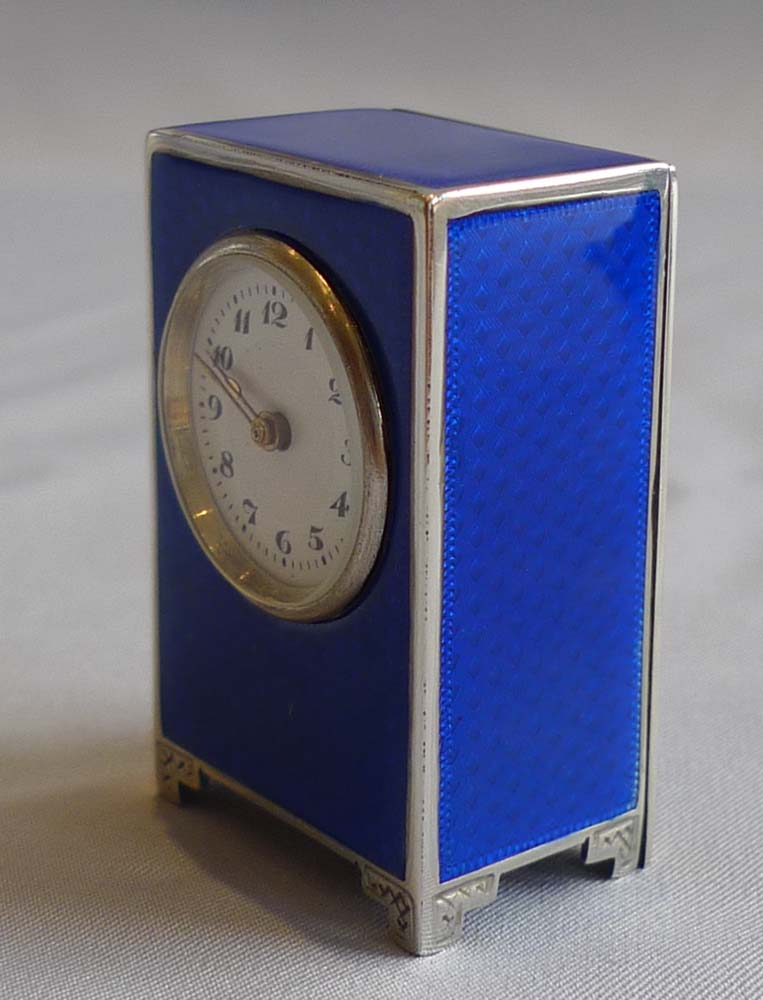 Asprey silver and blue guilloche enamel sub-miniature mantel clock, cased.